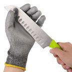 Grey PU-coated HPPE cut-resistant glove with a knife blade across the palm
